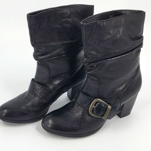 BOC black leather pull on mid calf heeled boots buckle detail size 7.5